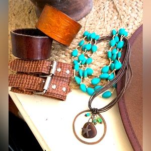 BOHO Lot of 5 accessories leather cuff sea glass pendant necklace